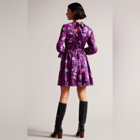 TED BAKER Sammieh Purple Floral Print high-neck fit and flare woven mini dress - Picture 3 of 10